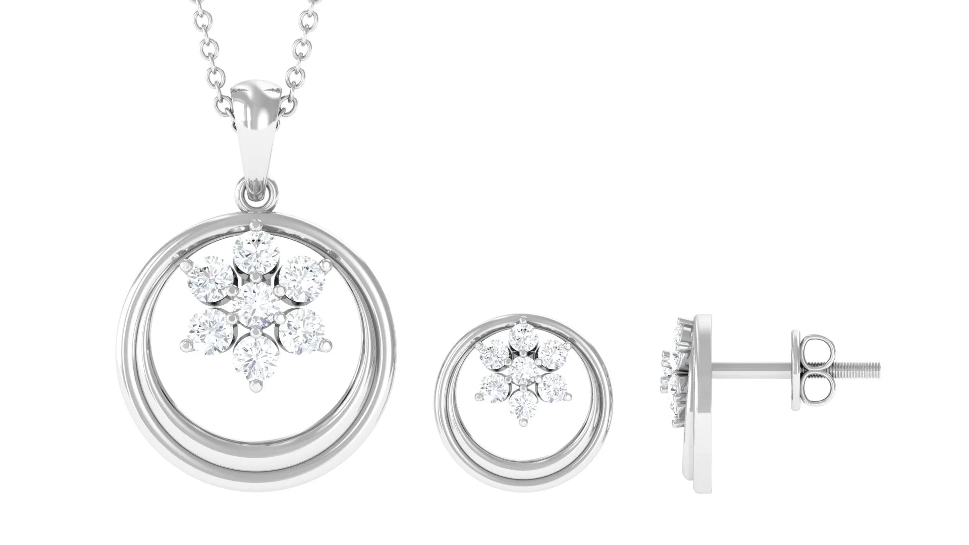 1 CT Real Diamond Floral Pendant Necklace and Stud Earring Set