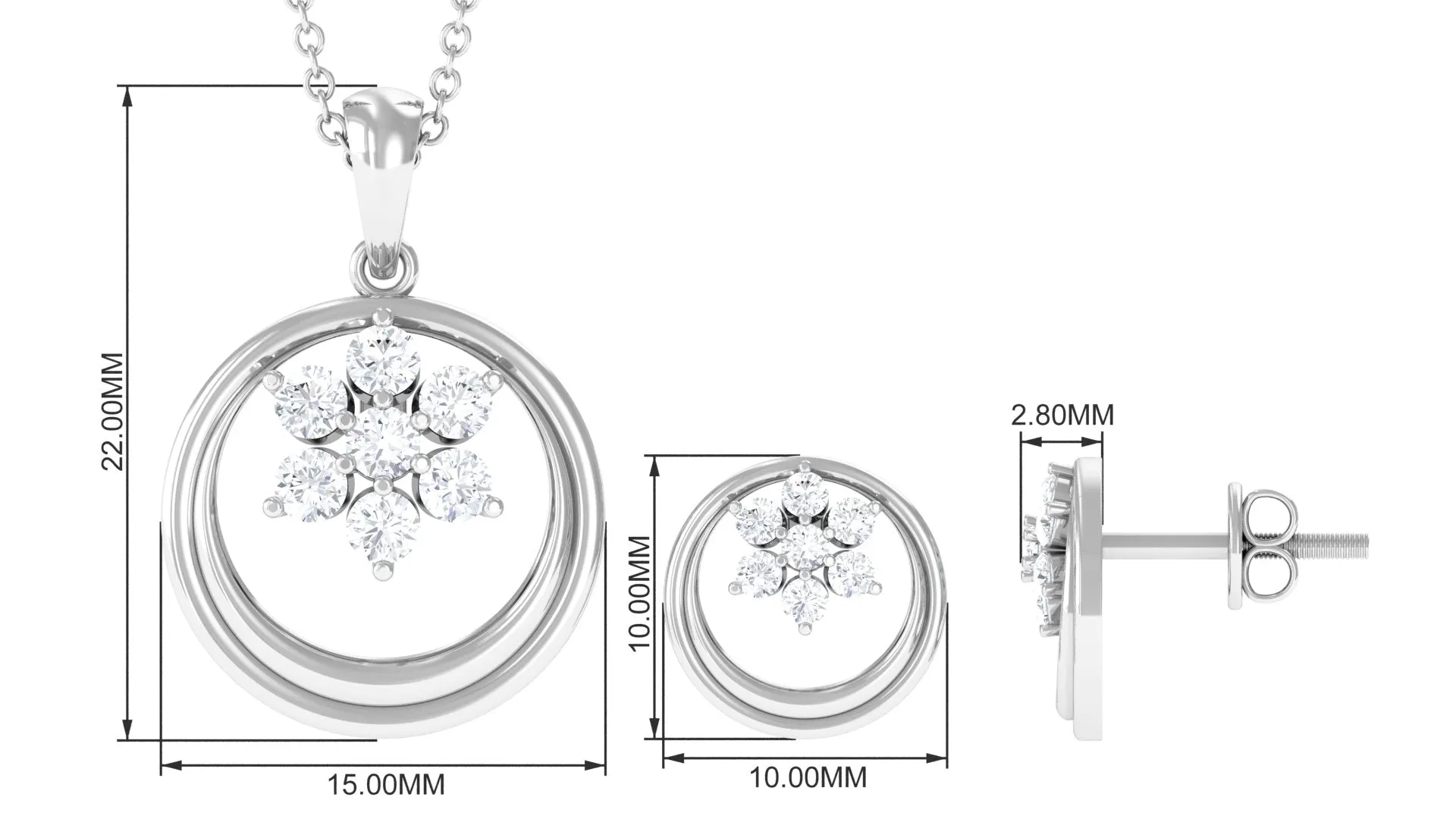 1 CT Real Diamond Floral Pendant Necklace and Stud Earring Set