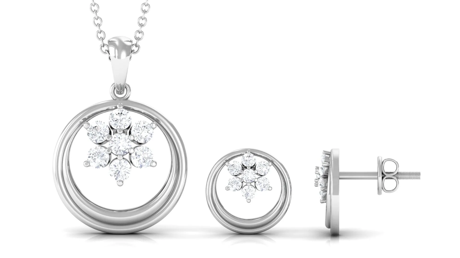 1 CT Real Diamond Floral Pendant Necklace and Stud Earring Set