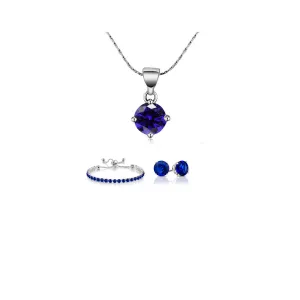 10k White Gold 6 Ct Round Created Blue Sapphire Set of Necklace, Earrings and Bracelet Plated