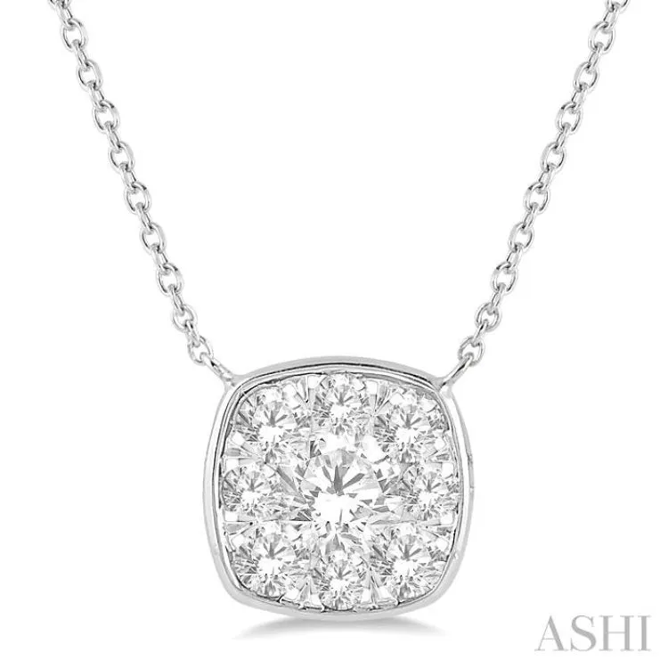 1/2 Ctw Cushion Shape Pendant Lovebright Diamond Necklace in 14K White Gold