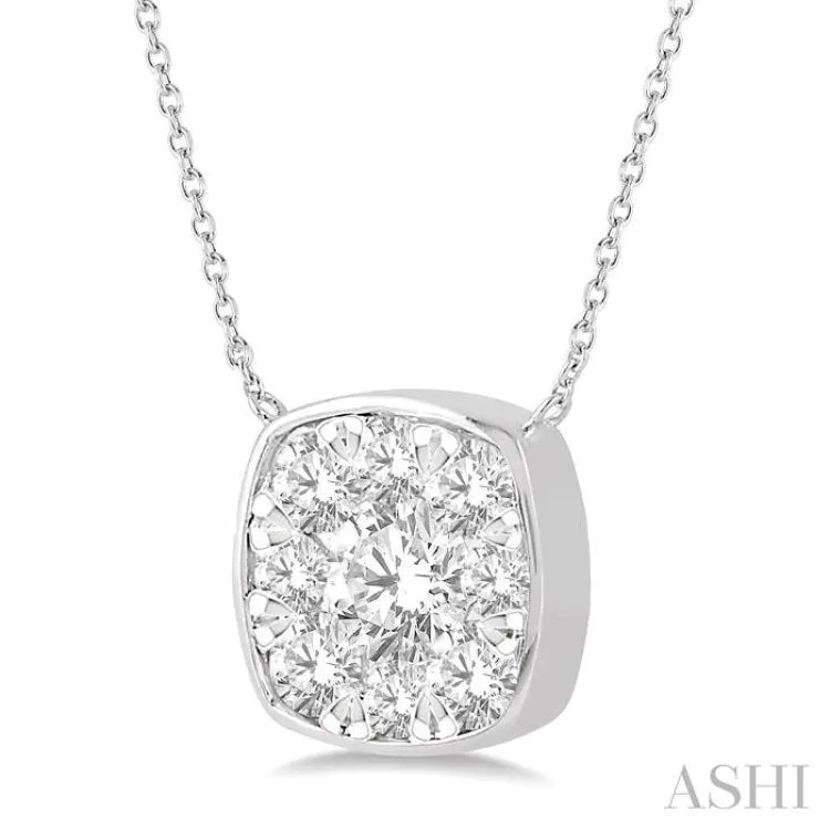 1/2 Ctw Cushion Shape Pendant Lovebright Diamond Necklace in 14K White Gold