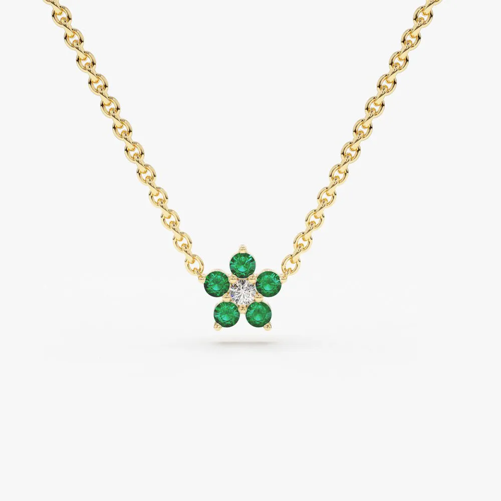 14K Emerald and Diamond Flower Charm Necklace