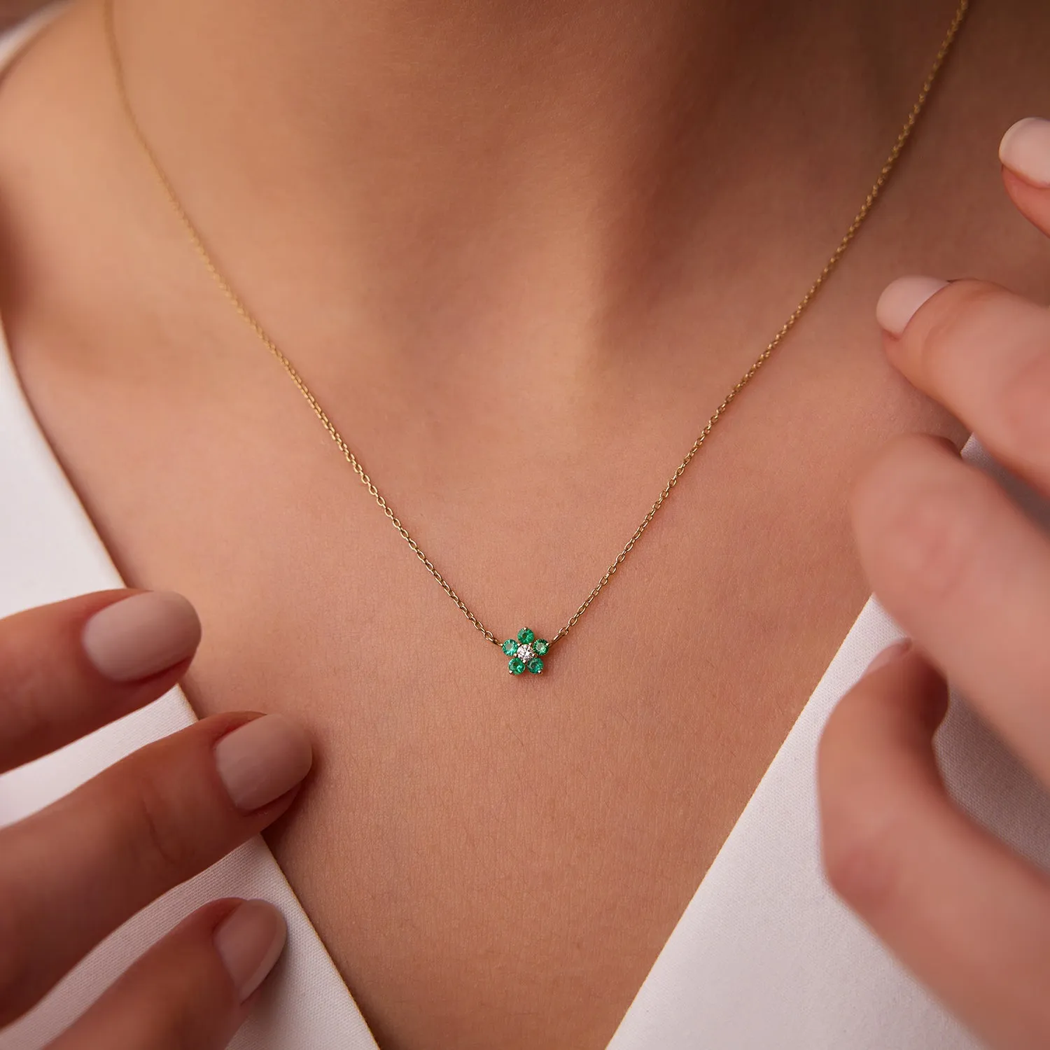 14K Emerald and Diamond Flower Charm Necklace