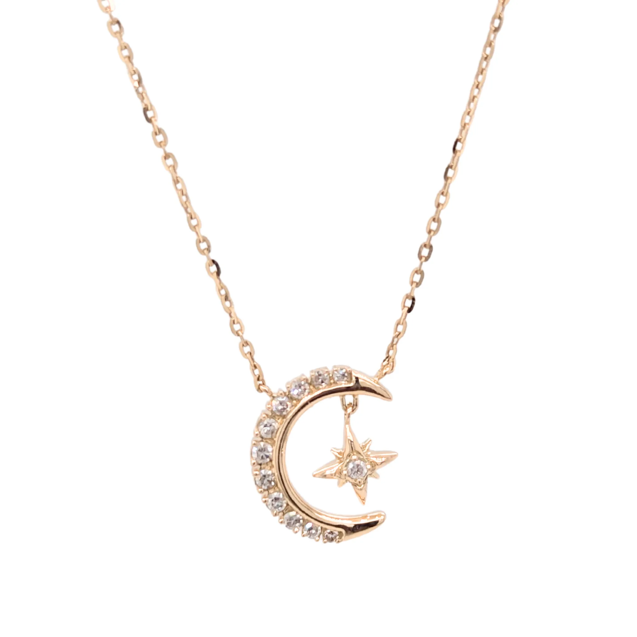 14K Gold Diamond Moon Necklace with Star Dangle