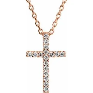 14K Rose .06 CTW Natural Diamond Petite Cross 16" Necklace