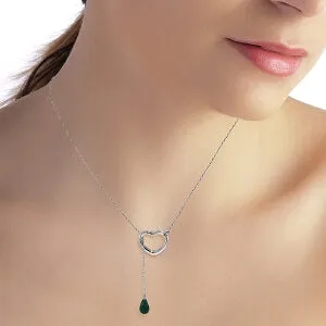 14K Solid White Gold Heart Necklace w/ Drop Briolette Natural Emerald