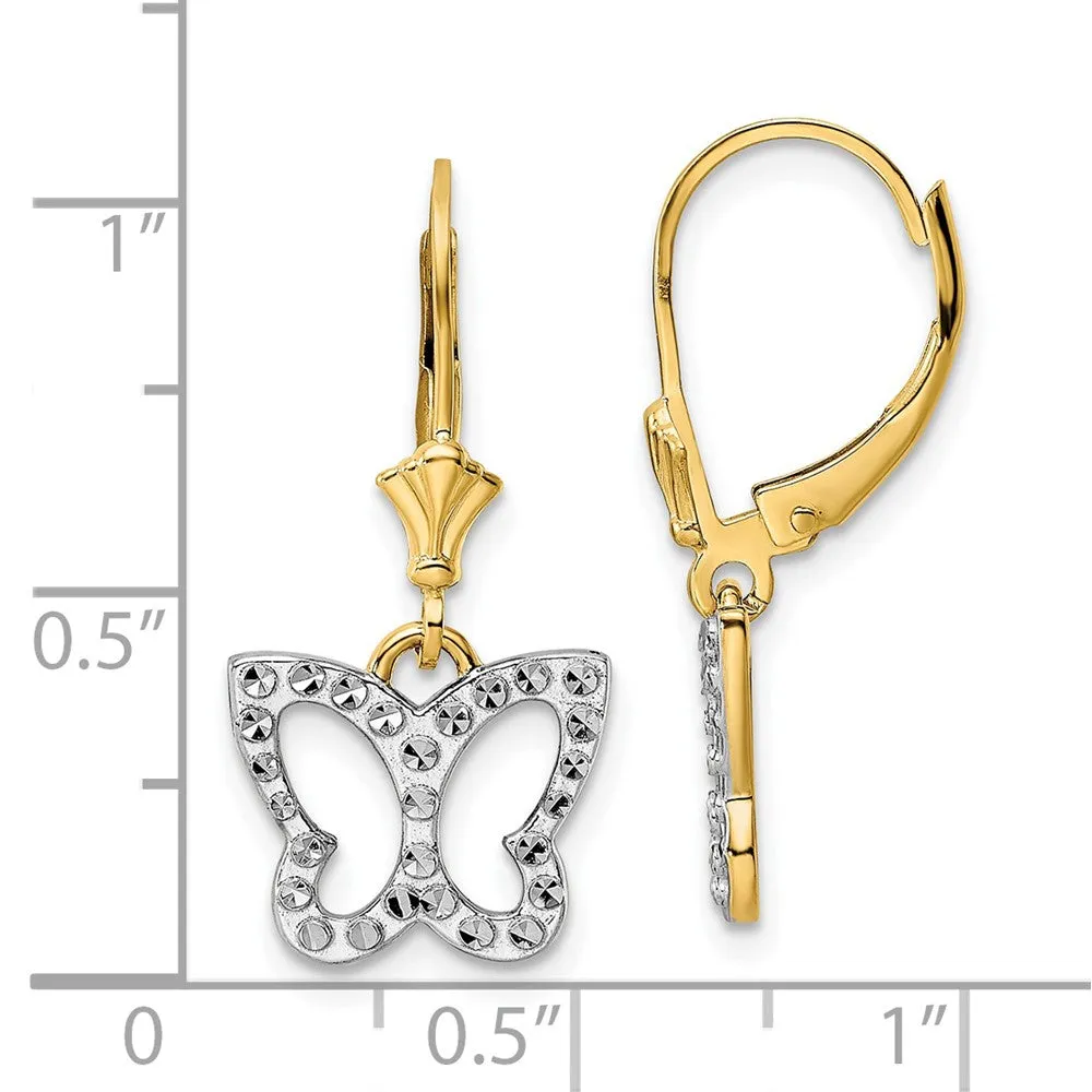 14K Two-Tone Gold Diamond-cut Butterfly Leverback Earrings