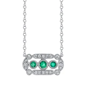 14K White Gold 0.21ct. Emerald & 0.14ct. Diamond Filigree Detailing Fashion Necklace