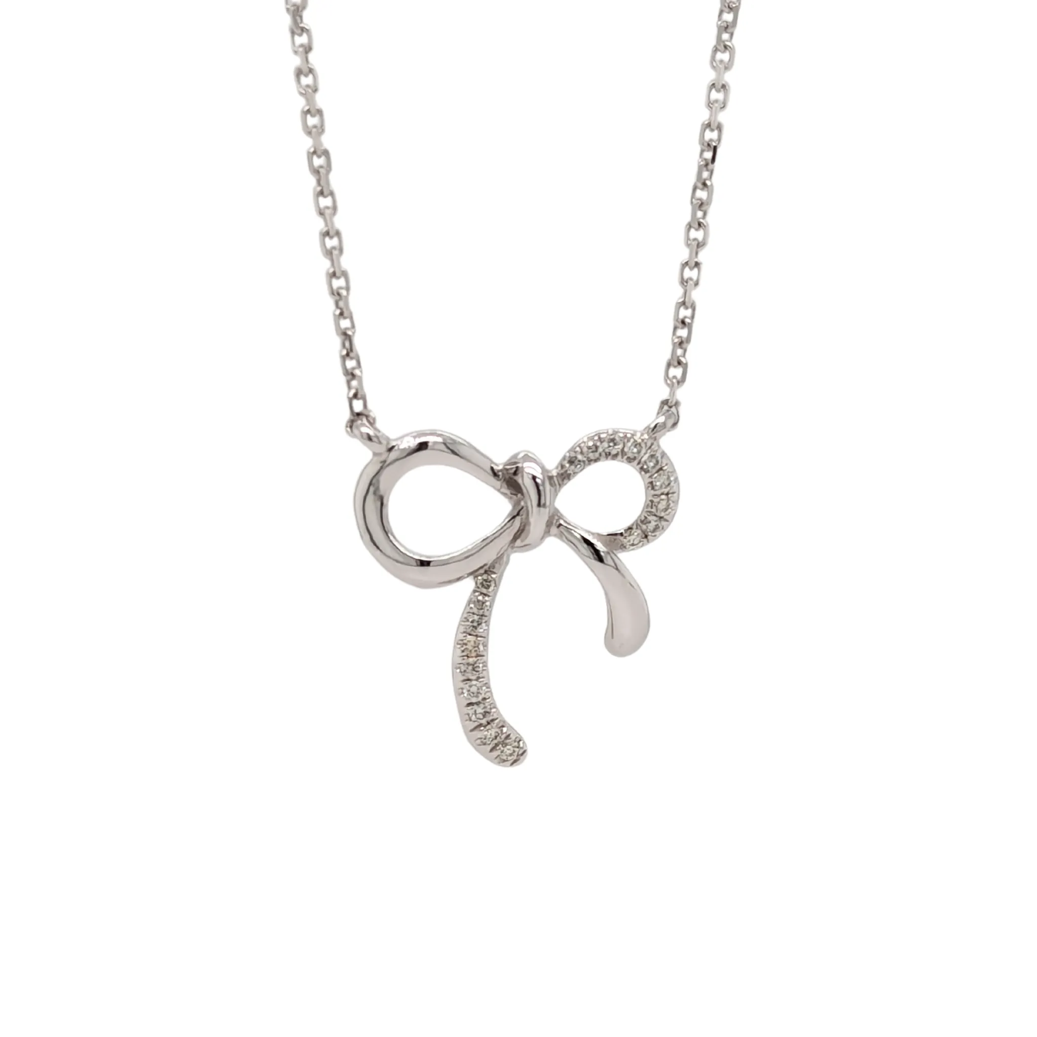 14K White Gold Diamond Bow Necklace