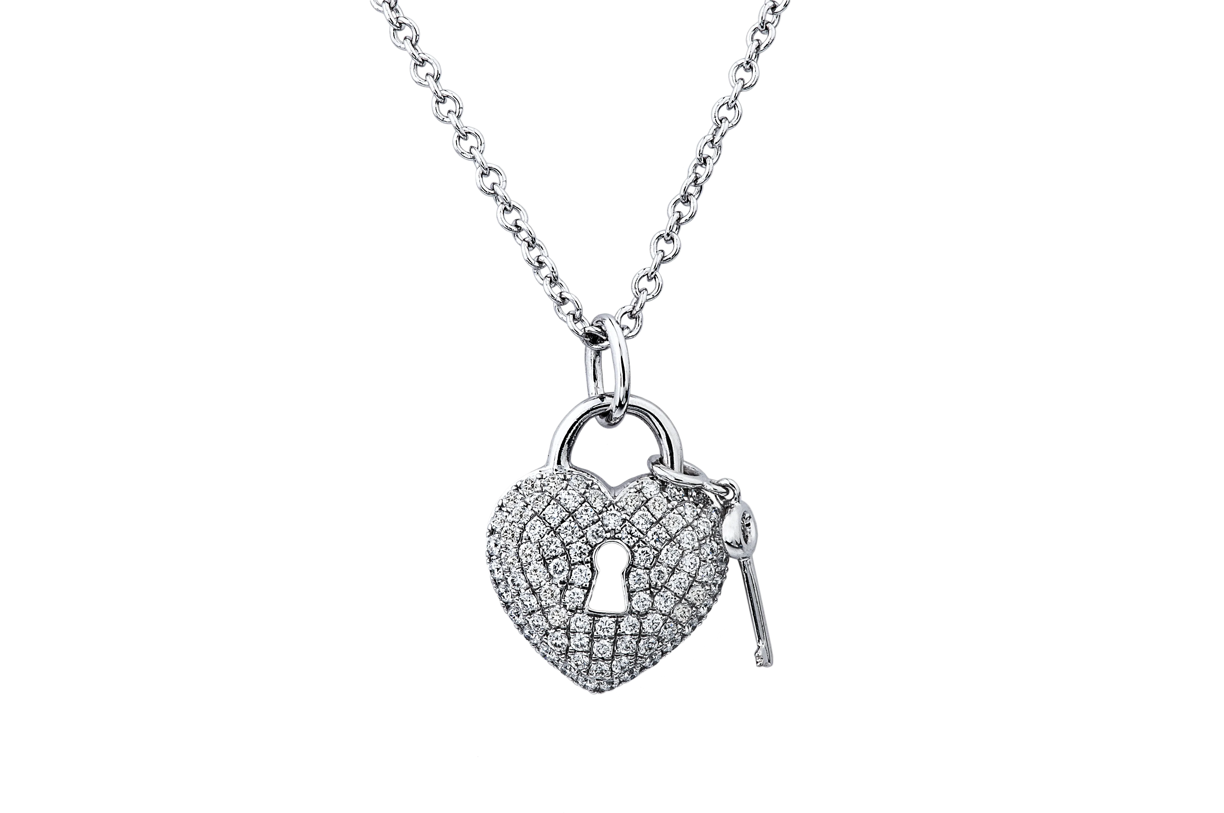 14K White Gold Diamond Heart Lock And Key Necklace