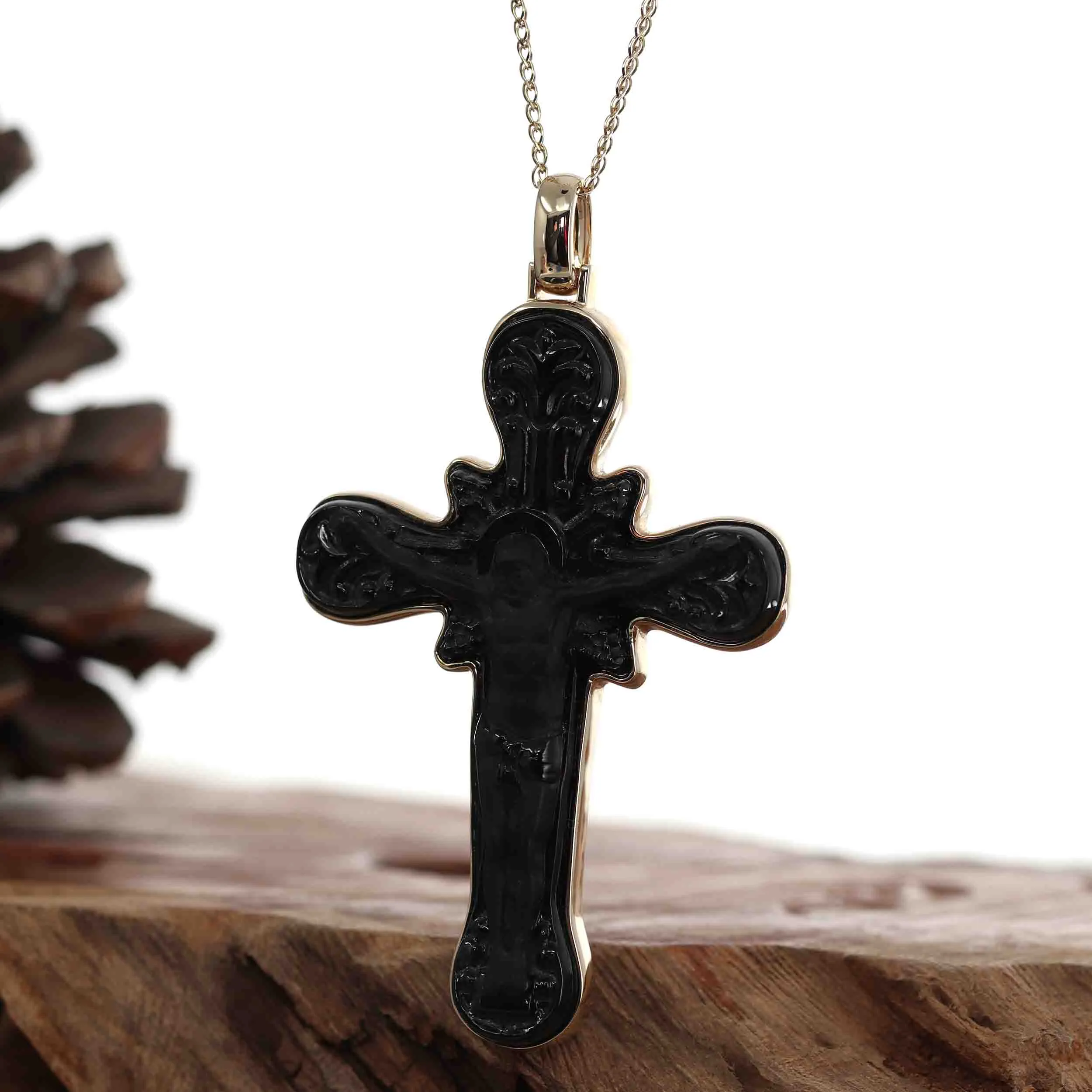 14K Yellow Gold & Black Nephrite Jade Crucifix Pendant