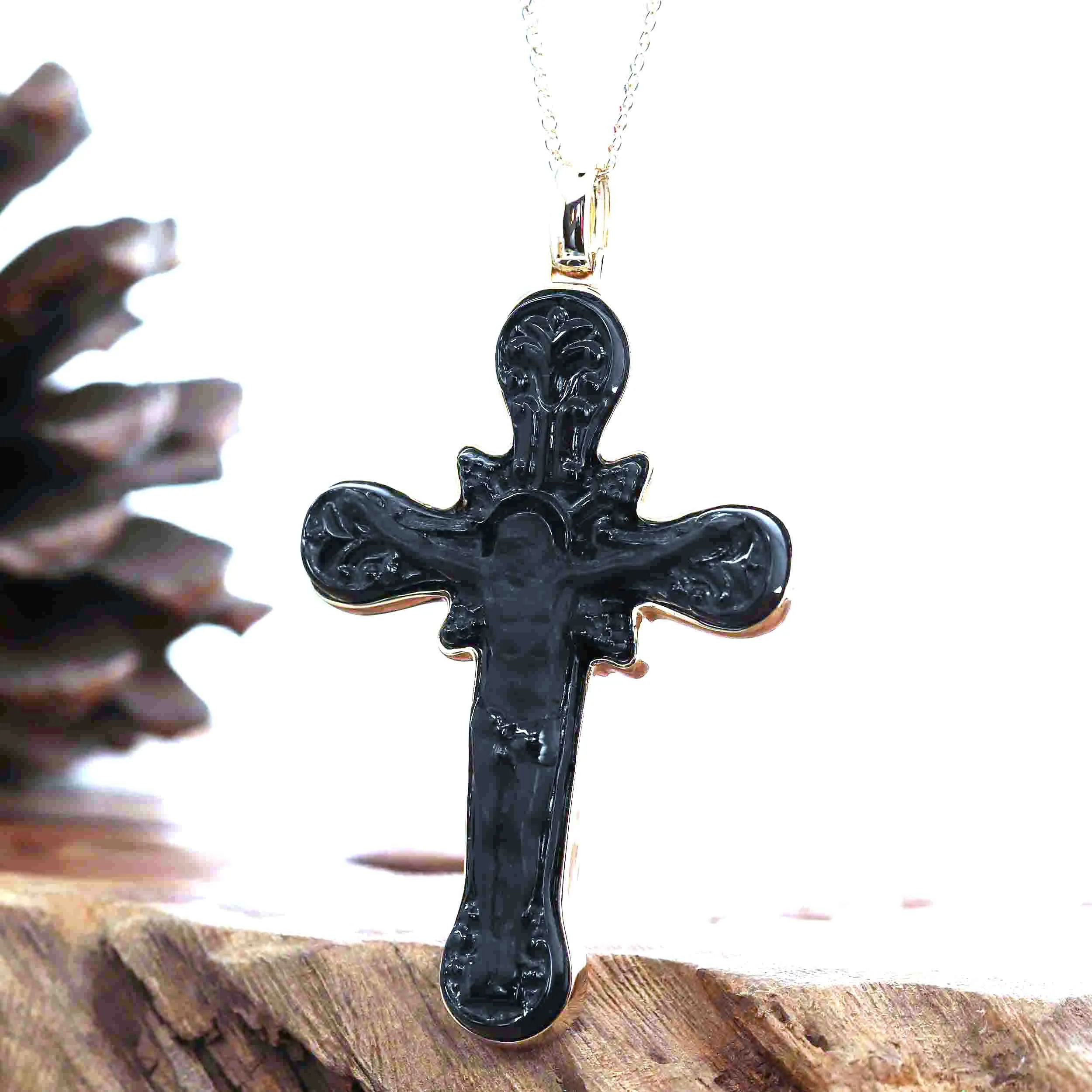 14K Yellow Gold & Black Nephrite Jade Crucifix Pendant