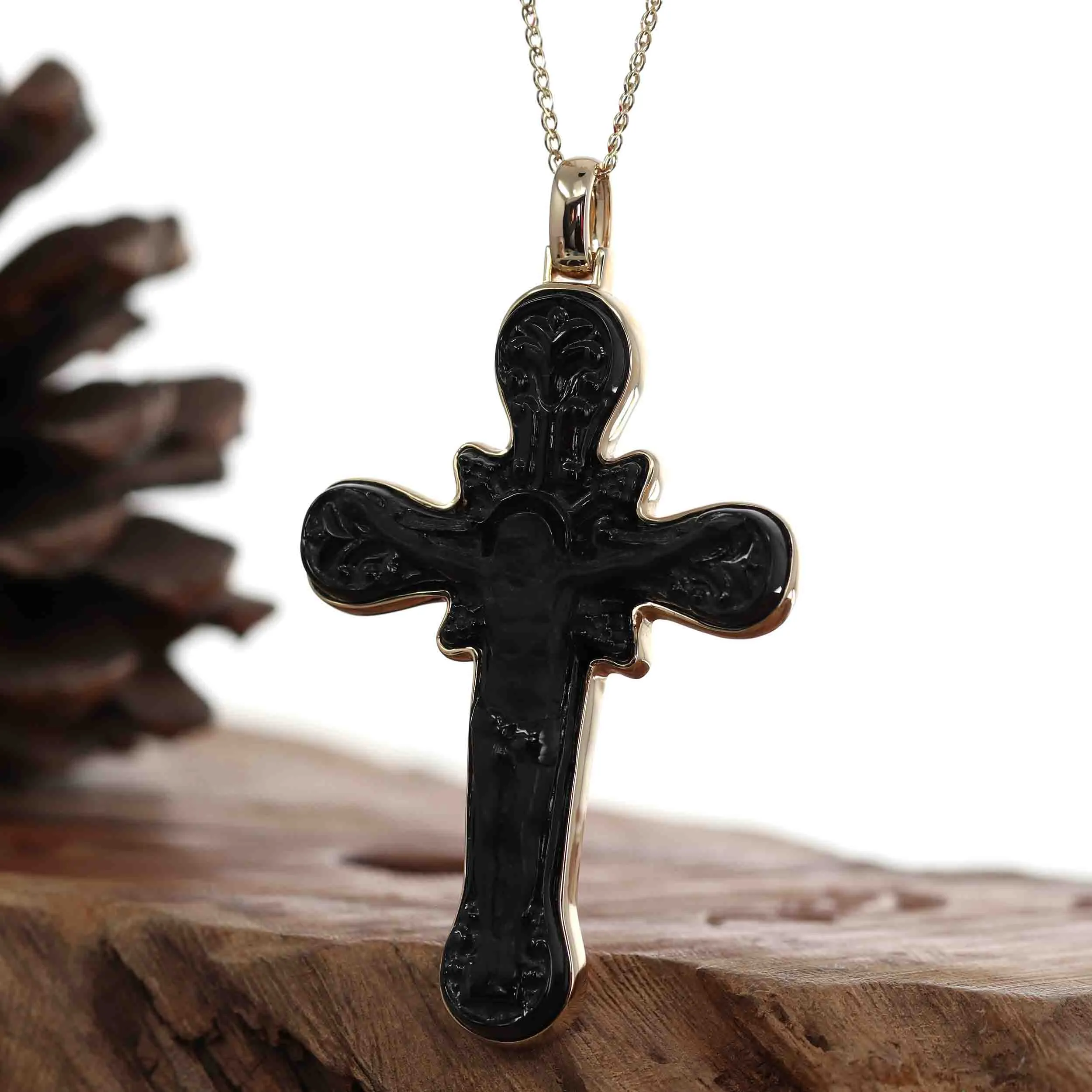 14K Yellow Gold & Black Nephrite Jade Crucifix Pendant