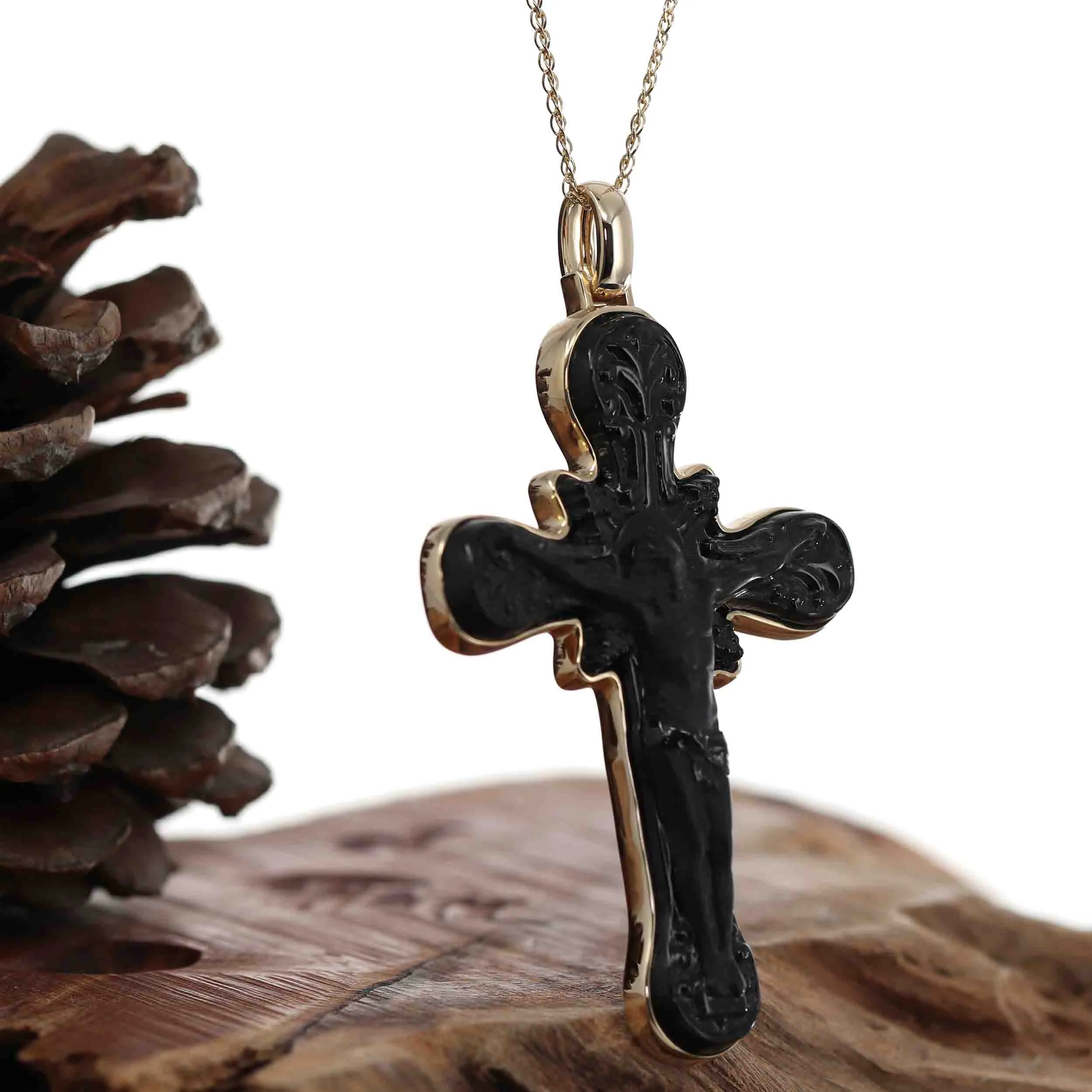 14K Yellow Gold & Black Nephrite Jade Crucifix Pendant