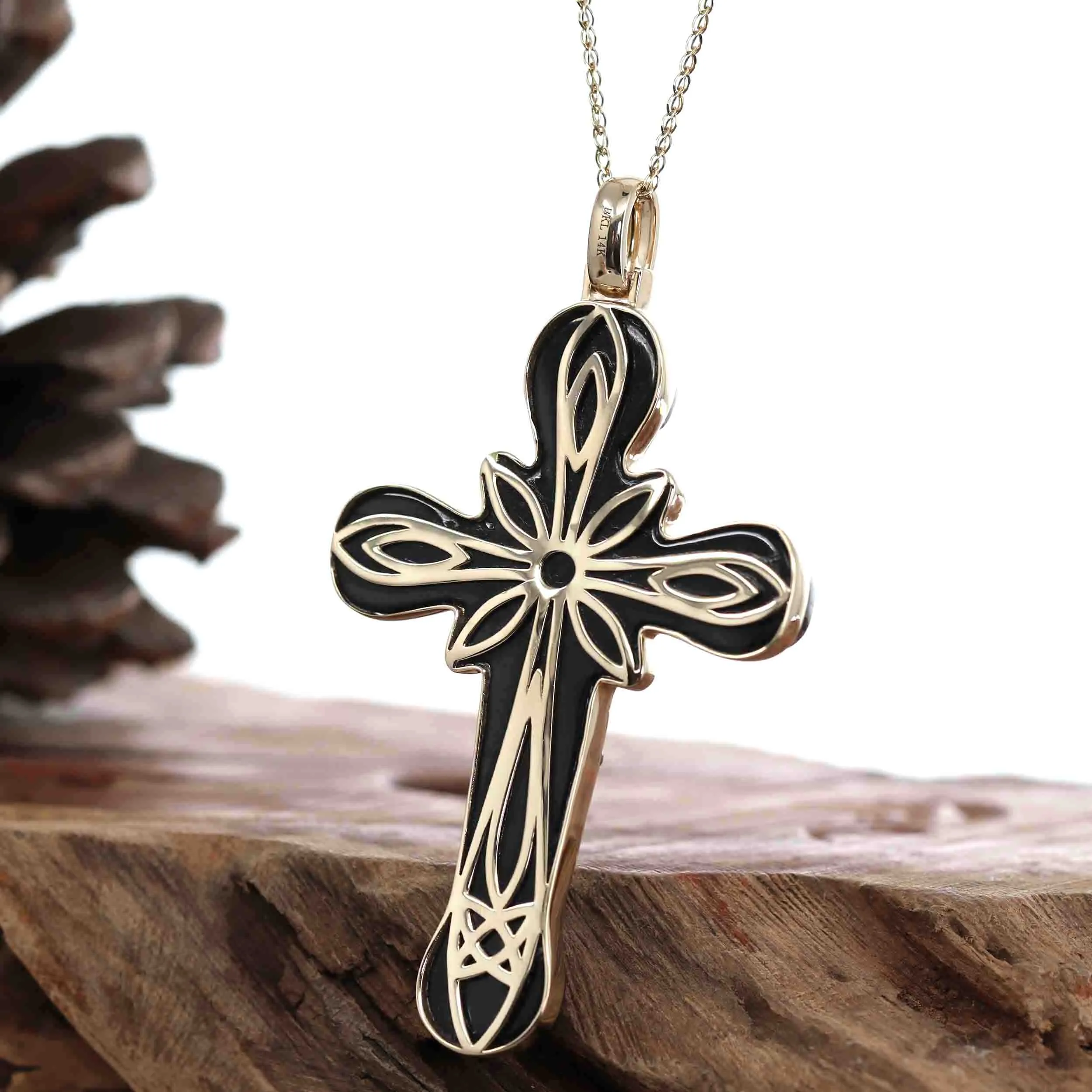 14K Yellow Gold & Black Nephrite Jade Crucifix Pendant