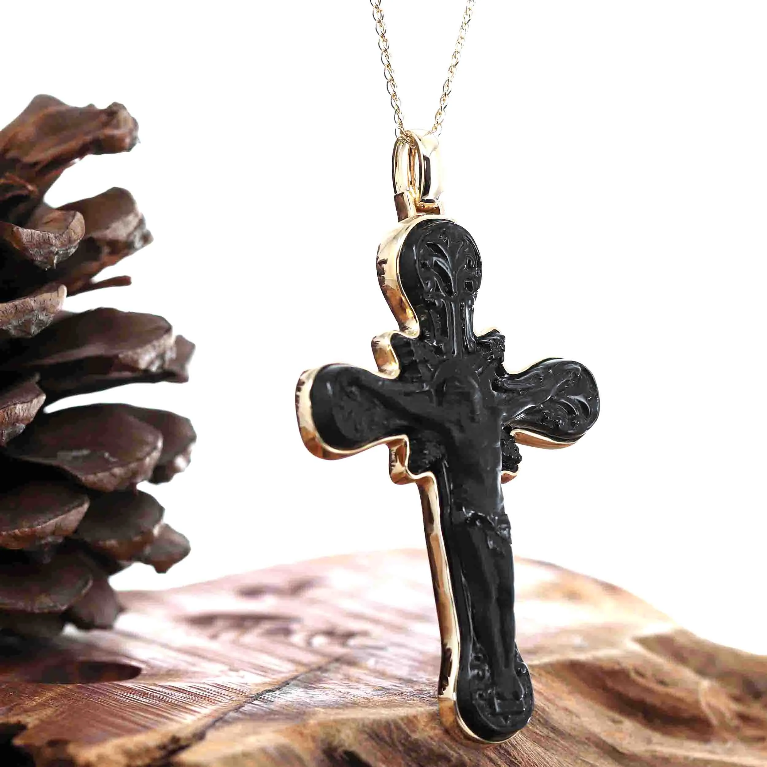 14K Yellow Gold & Black Nephrite Jade Crucifix Pendant