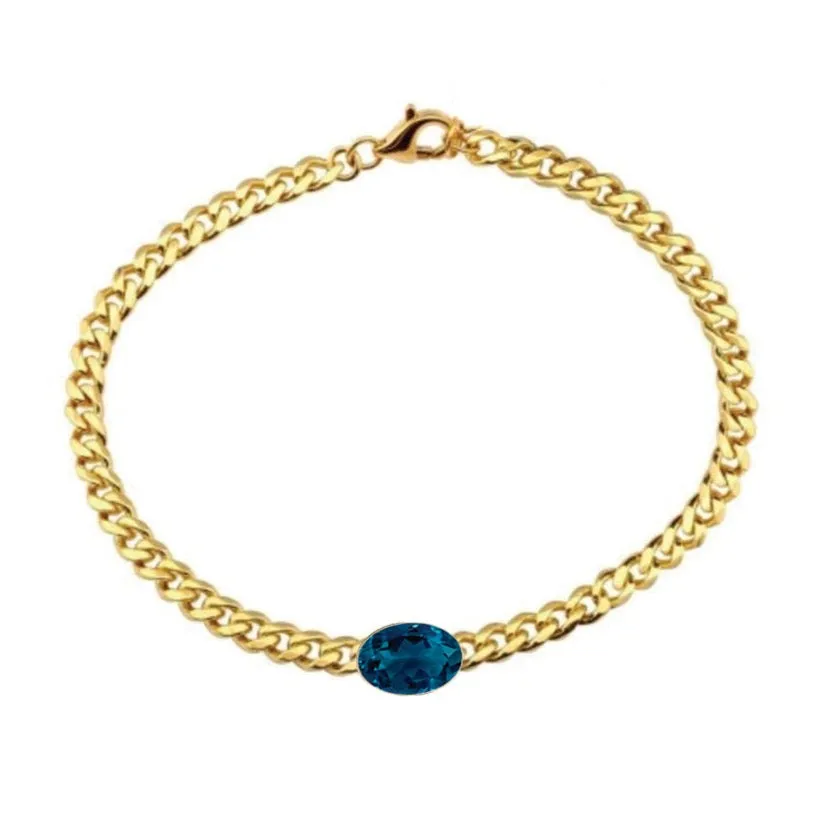 14K Yellow Gold Bezel Oval Cut London Blue Topaz Cuban Chain Bracelet