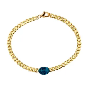 14K Yellow Gold Bezel Oval Cut London Blue Topaz Cuban Chain Bracelet