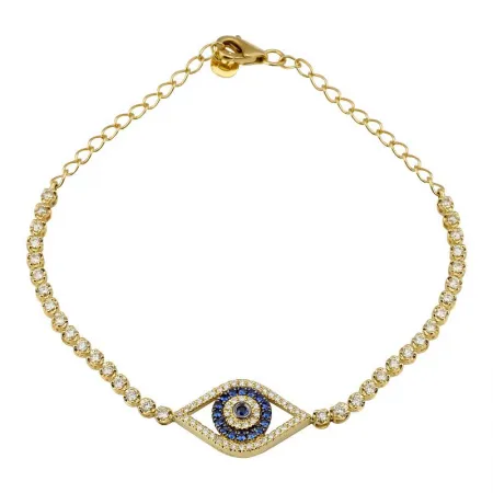 14K Yellow Gold Diamond   Sapphire Evil Eye Tennis Chain Bracelet