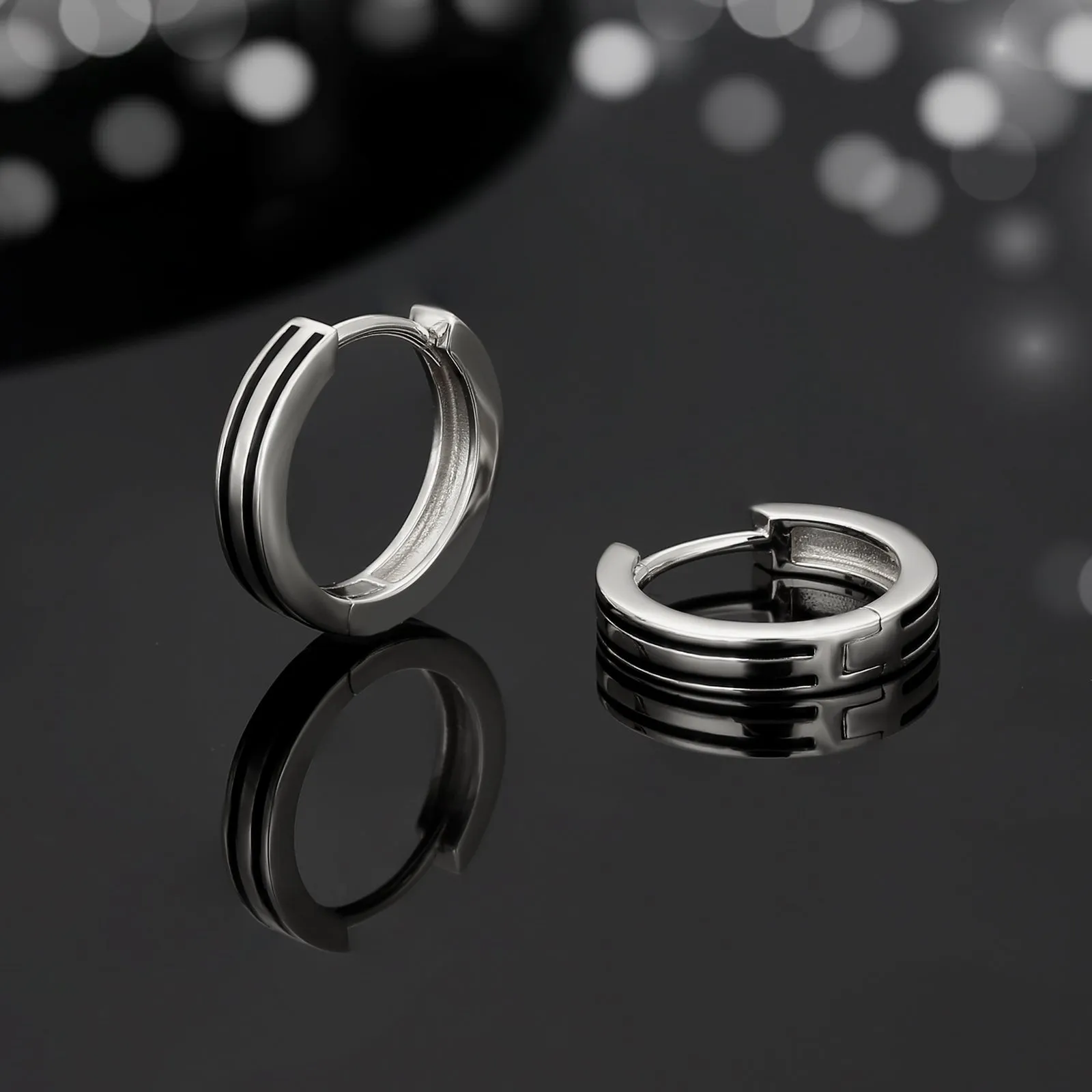 15mm Sleek Black Stripe Hoop Earrings for Men