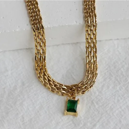 18K Gold-Filled Emerald Rectangle Pendant Necklace