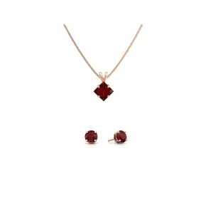 18K Rose Gold 1ct Ruby Princess Cut 18 Inch Necklace and Round Earrings Set Plated