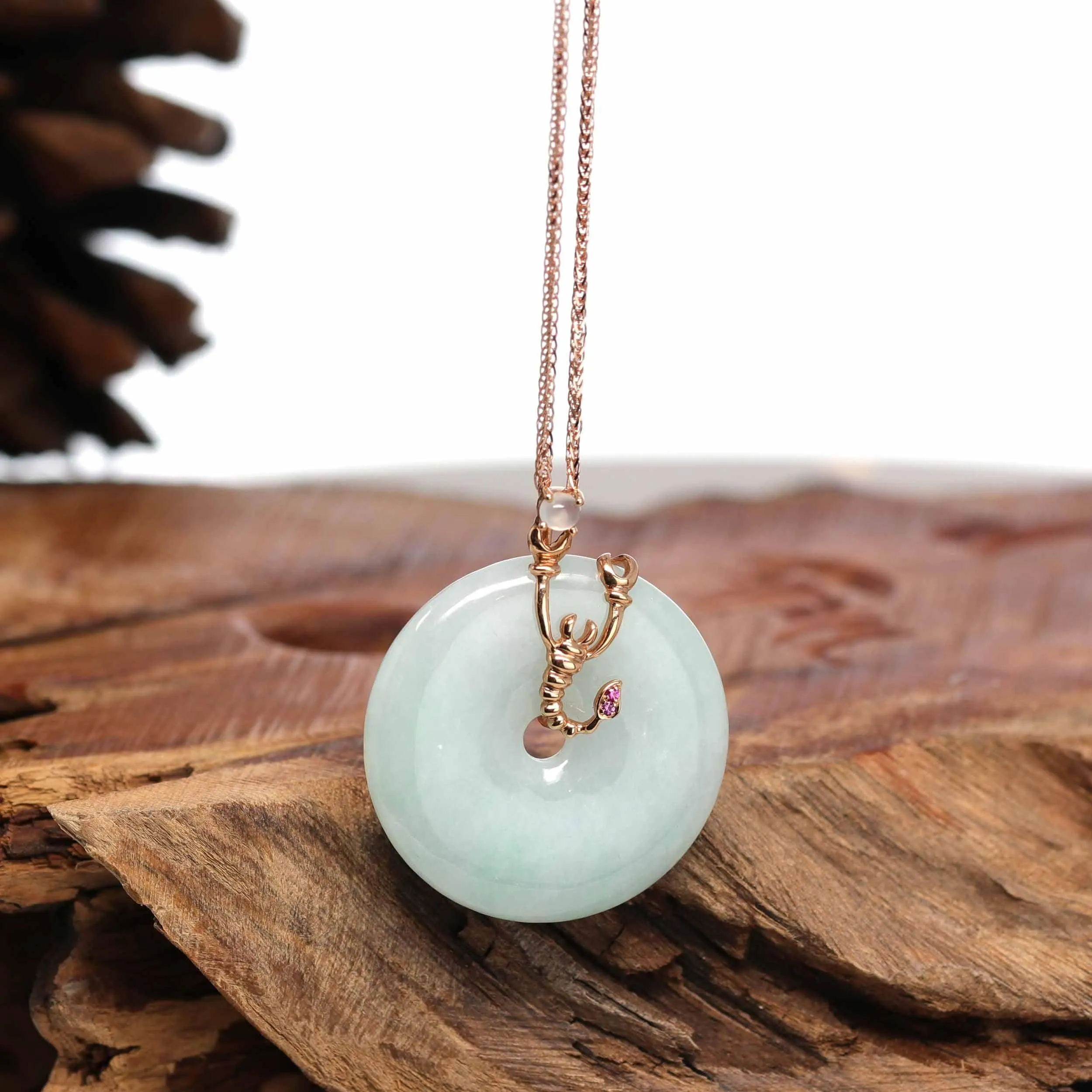 18k Rose Gold Genuine Burmese Jadeite Constellation (Scorpio) Necklace Pendant with Ruby