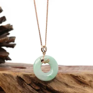 18k Rose Gold Genuine Burmese Jadeite Lucky Kou Kou Bird Pendant Necklace