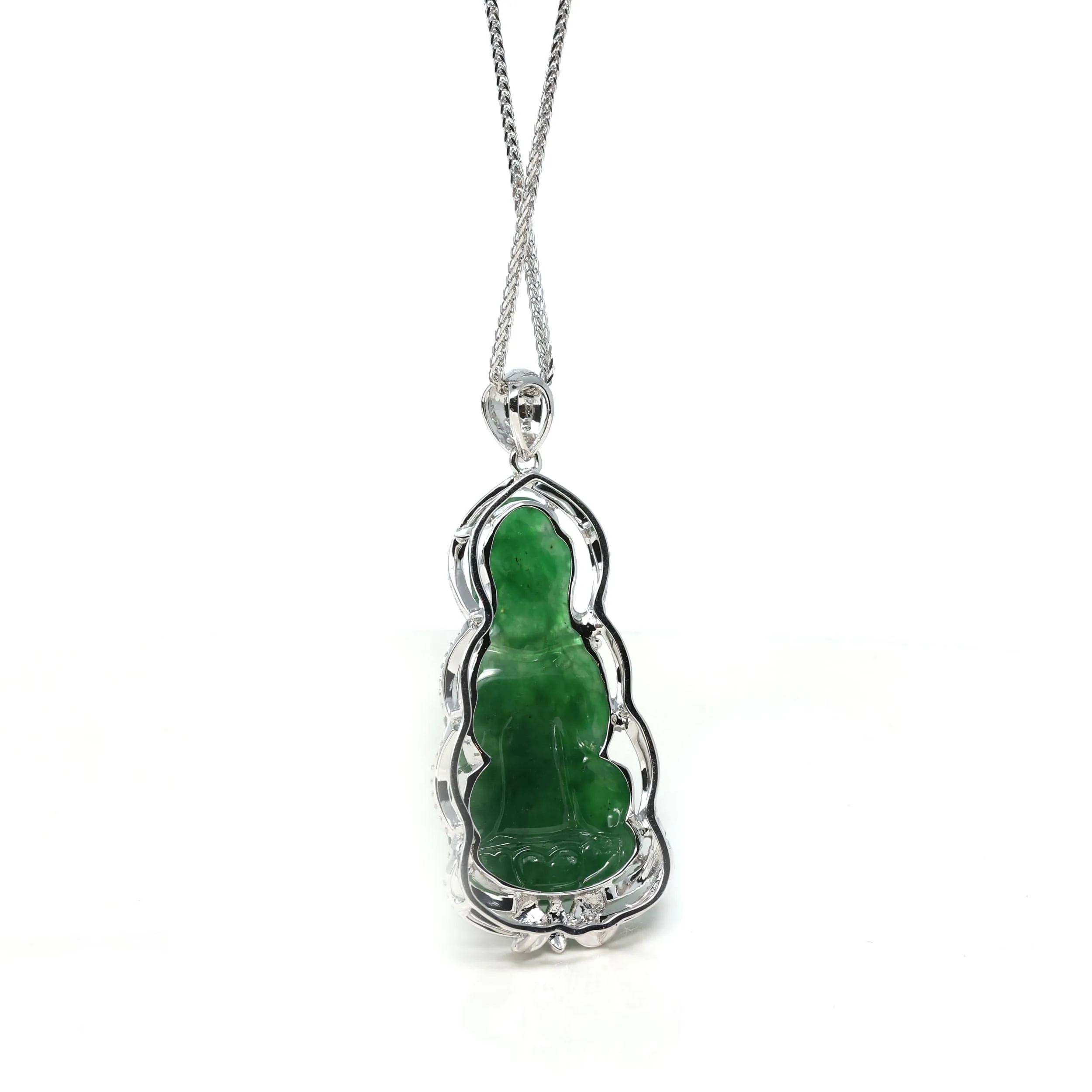 18K White Gold High-End Imperial Jadeite Jade "Goddess of Compassion" Guan Yin Necklace with Diamonds