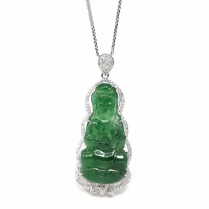 18K White Gold High-End Imperial Jadeite Jade "Goddess of Compassion" Guan Yin Necklace with Diamonds