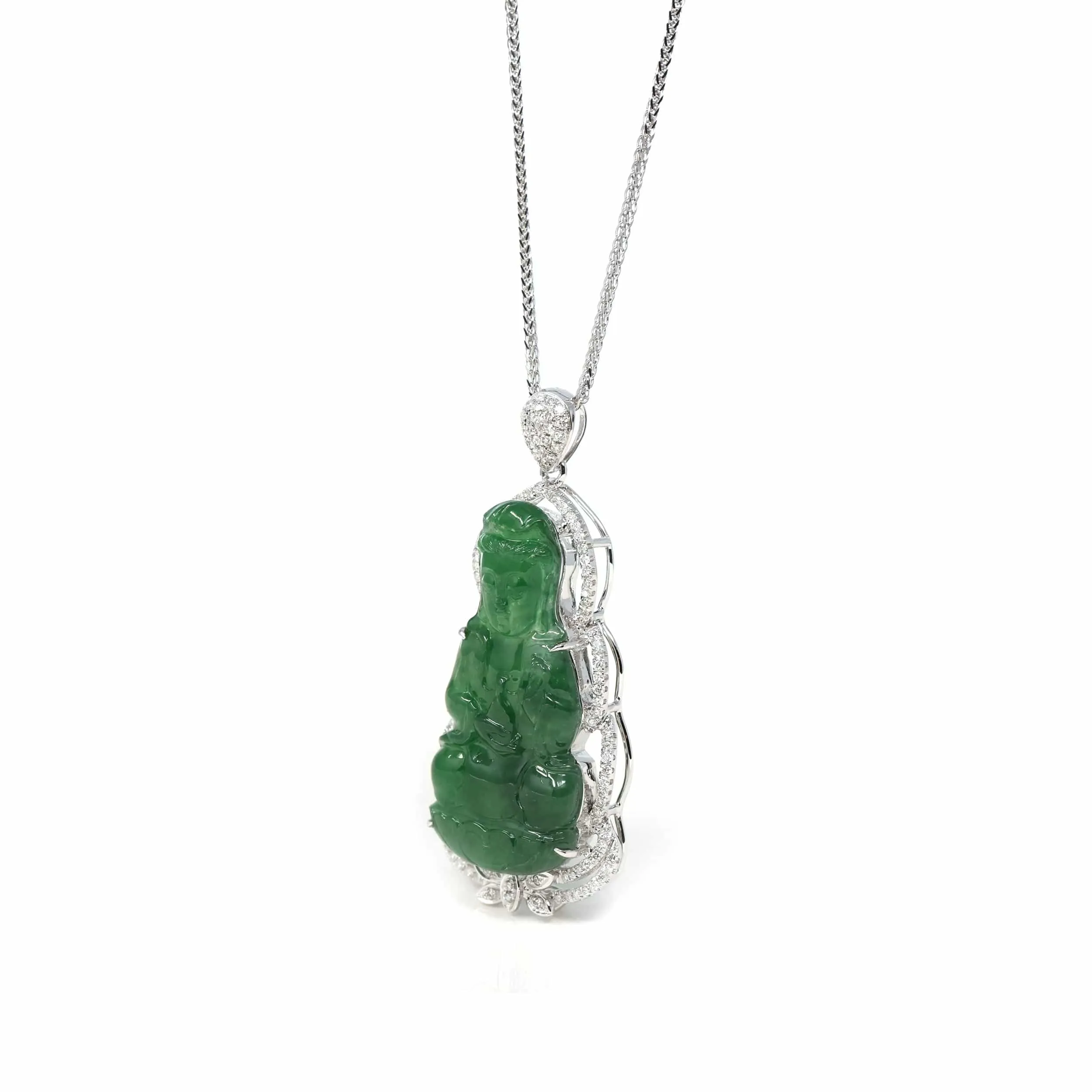 18K White Gold High-End Imperial Jadeite Jade "Goddess of Compassion" Guan Yin Necklace with Diamonds