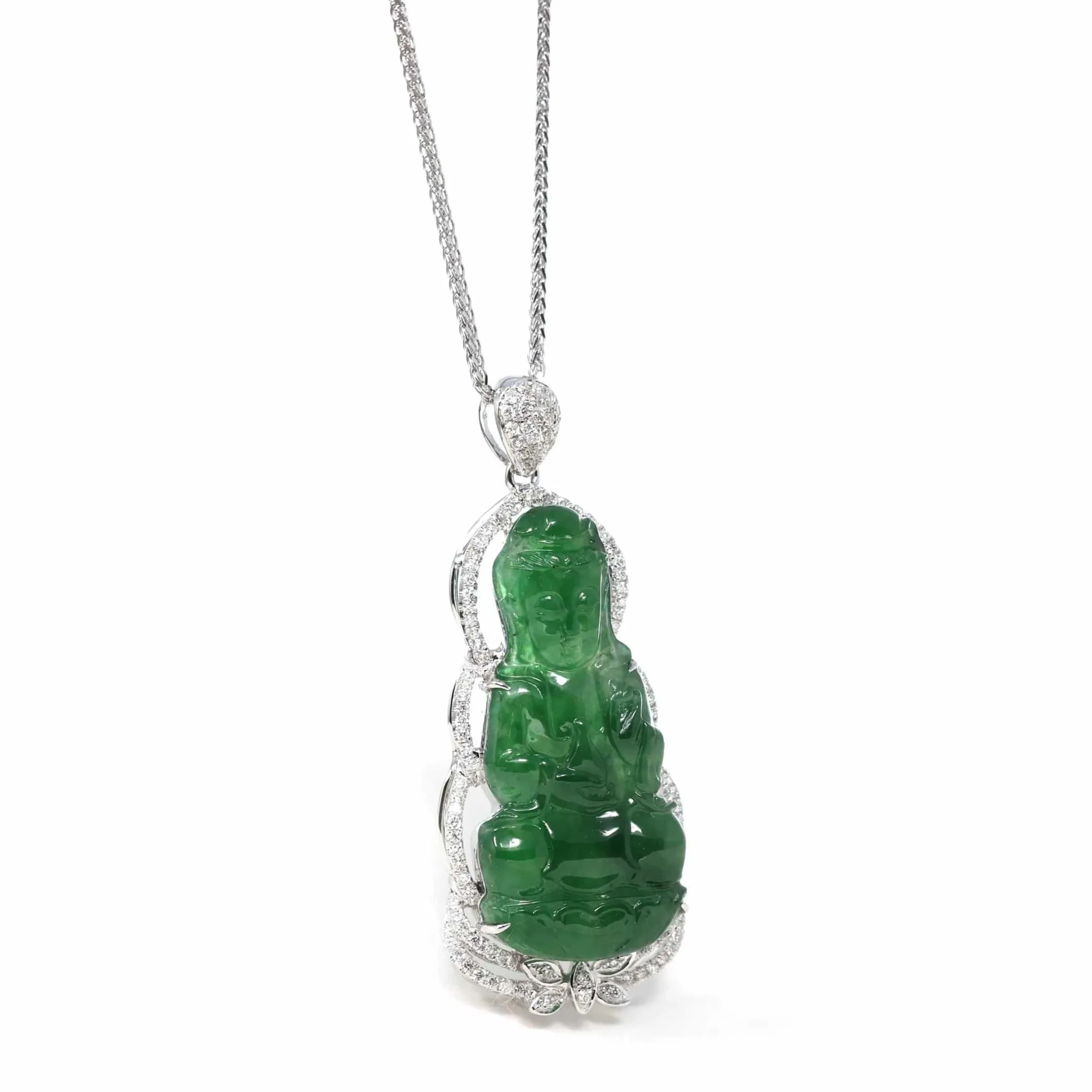 18K White Gold High-End Imperial Jadeite Jade "Goddess of Compassion" Guan Yin Necklace with Diamonds