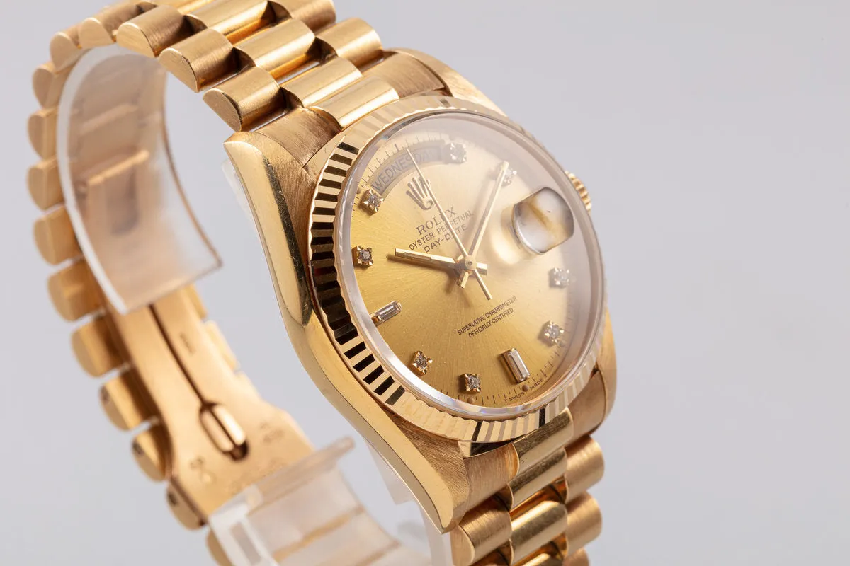 1988 Unpolished Rolex 18K YG Day-Date 18038 with Metallic Gold Diamond Dial