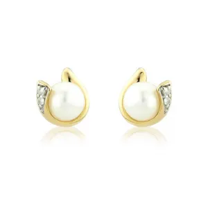 9ct Yellow Gold Pearl & Diamond Curl Earrings