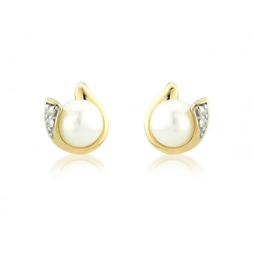 9ct Yellow Gold Pearl & Diamond Curl Earrings