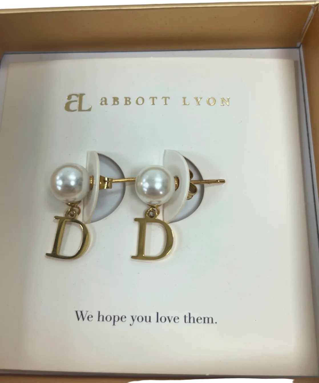 Abbott Lyon White/Gold Pearl 'D' Initial Earrings