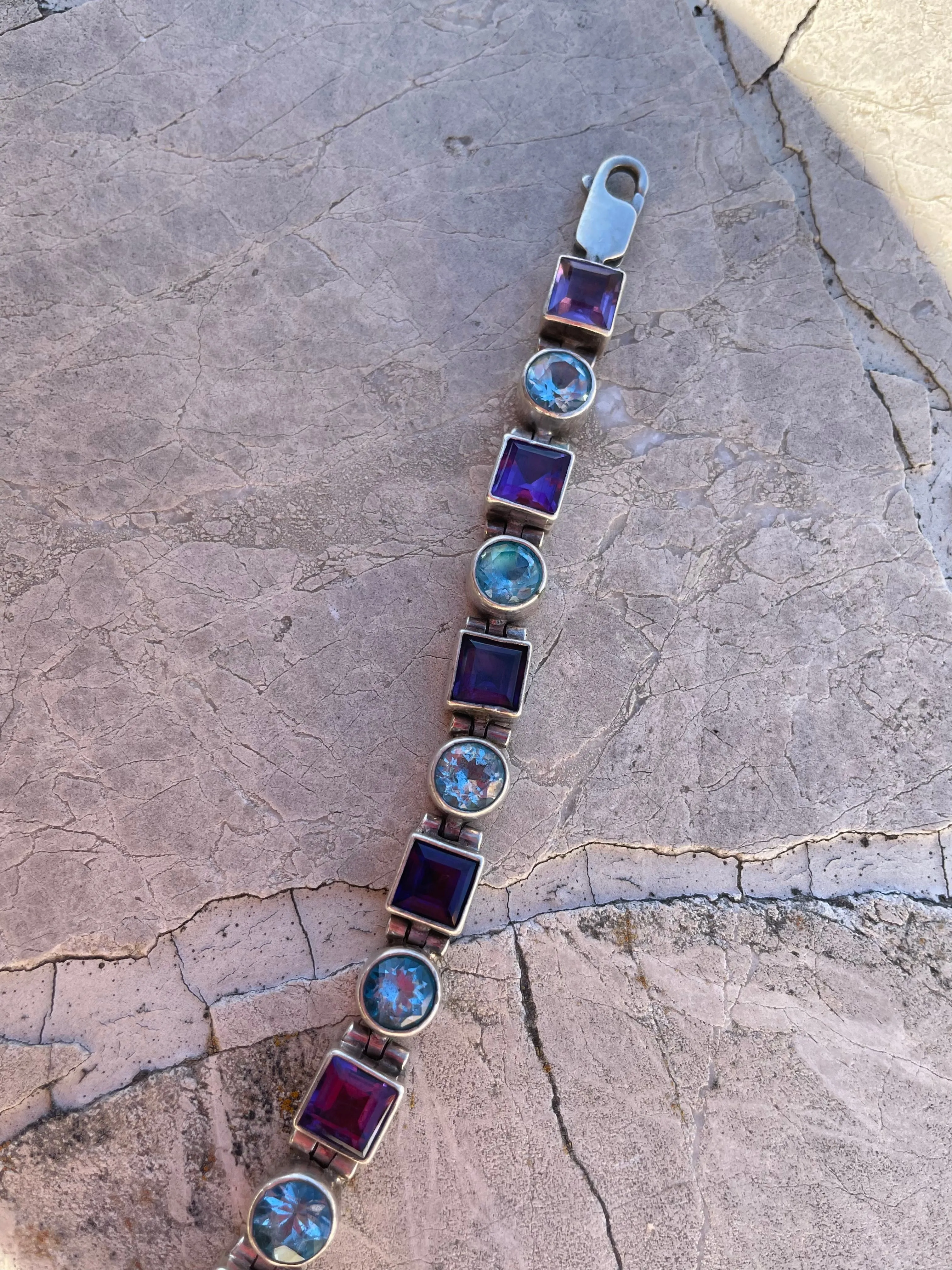 Acleoni Designer Sterling Silver 925 Blue Topaz & Amethyst Stone Bracelet 24.5g