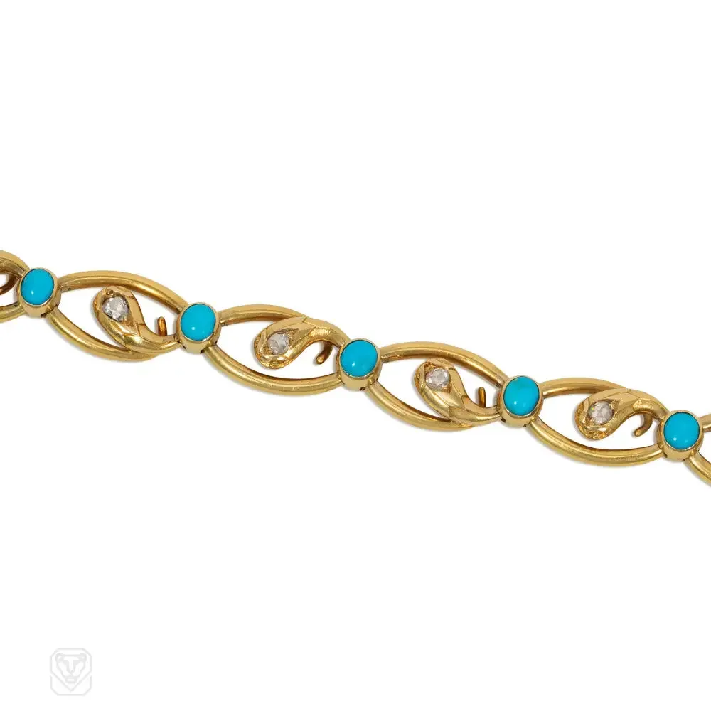 Antique diamond, turquoise and gold snake link bracelet