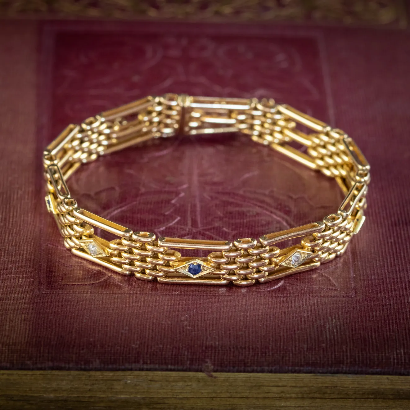 Antique Victorian Sapphire Diamond Gate Bracelet 15ct Gold Circa 1900