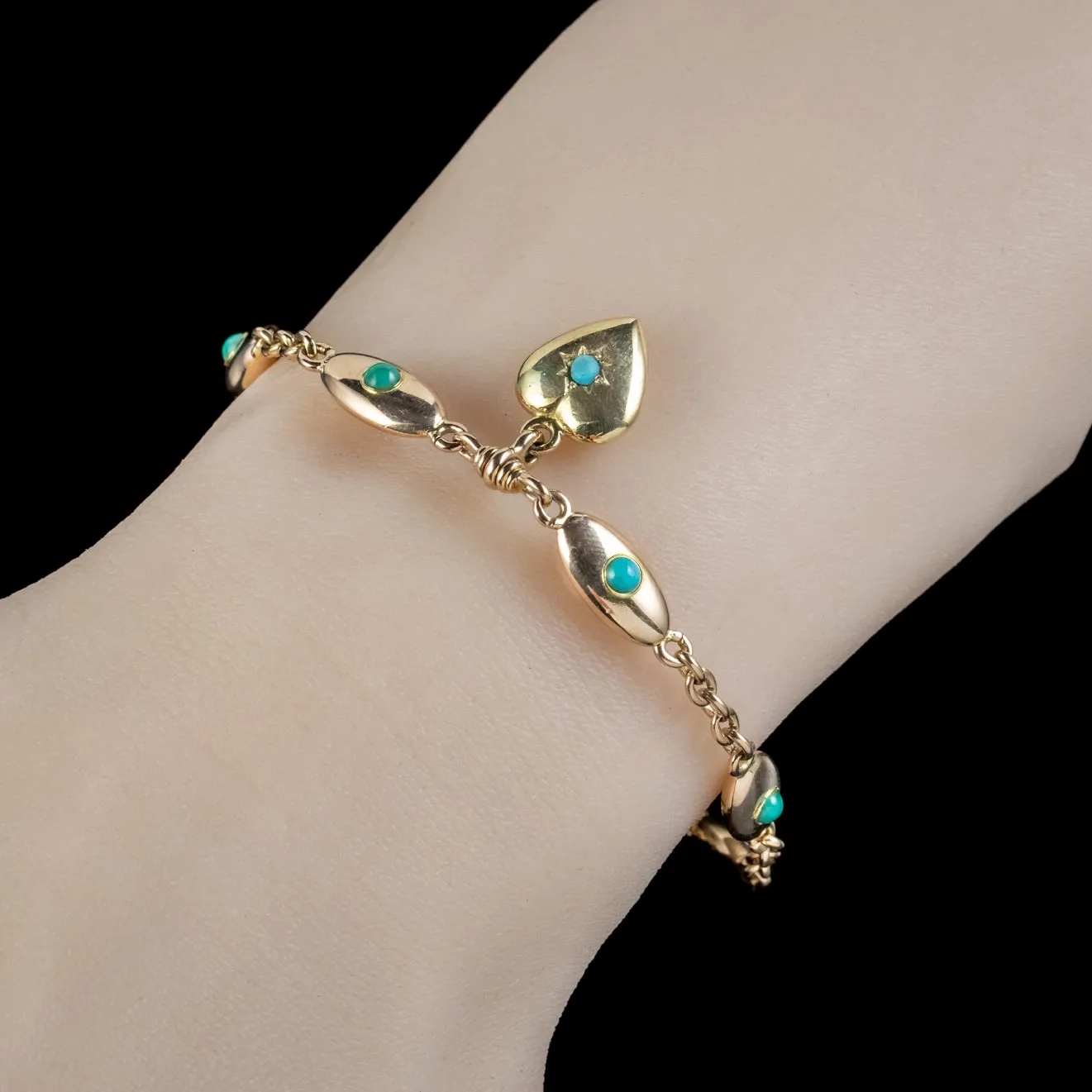 Antique Victorian Turquoise Heart Bracelet 15ct Gold Circa 1890 Boxed