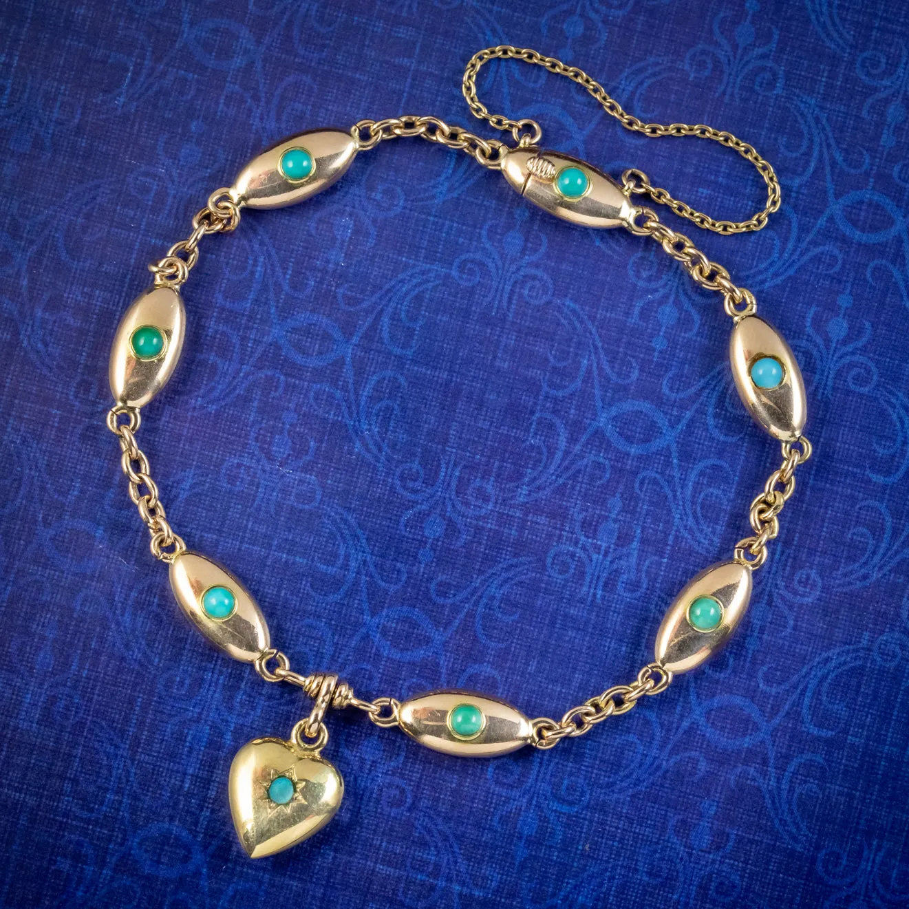 Antique Victorian Turquoise Heart Bracelet 15ct Gold Circa 1890 Boxed