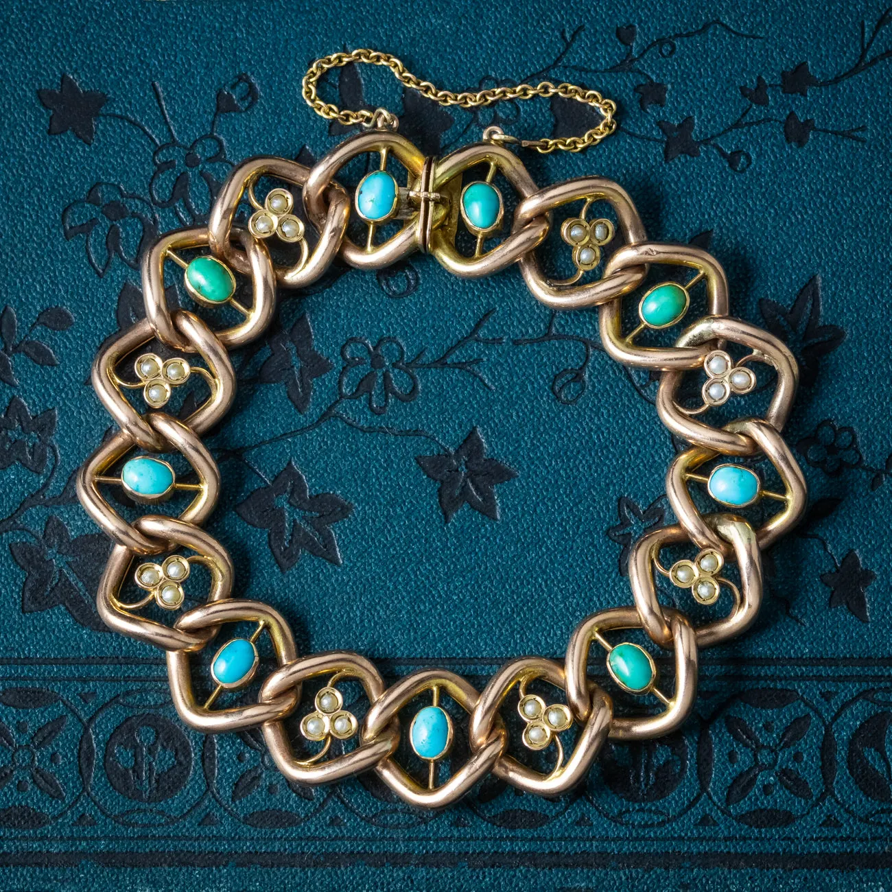 Antique Victorian Turquoise Pearl Shamrock Curb Bracelet 9ct Gold