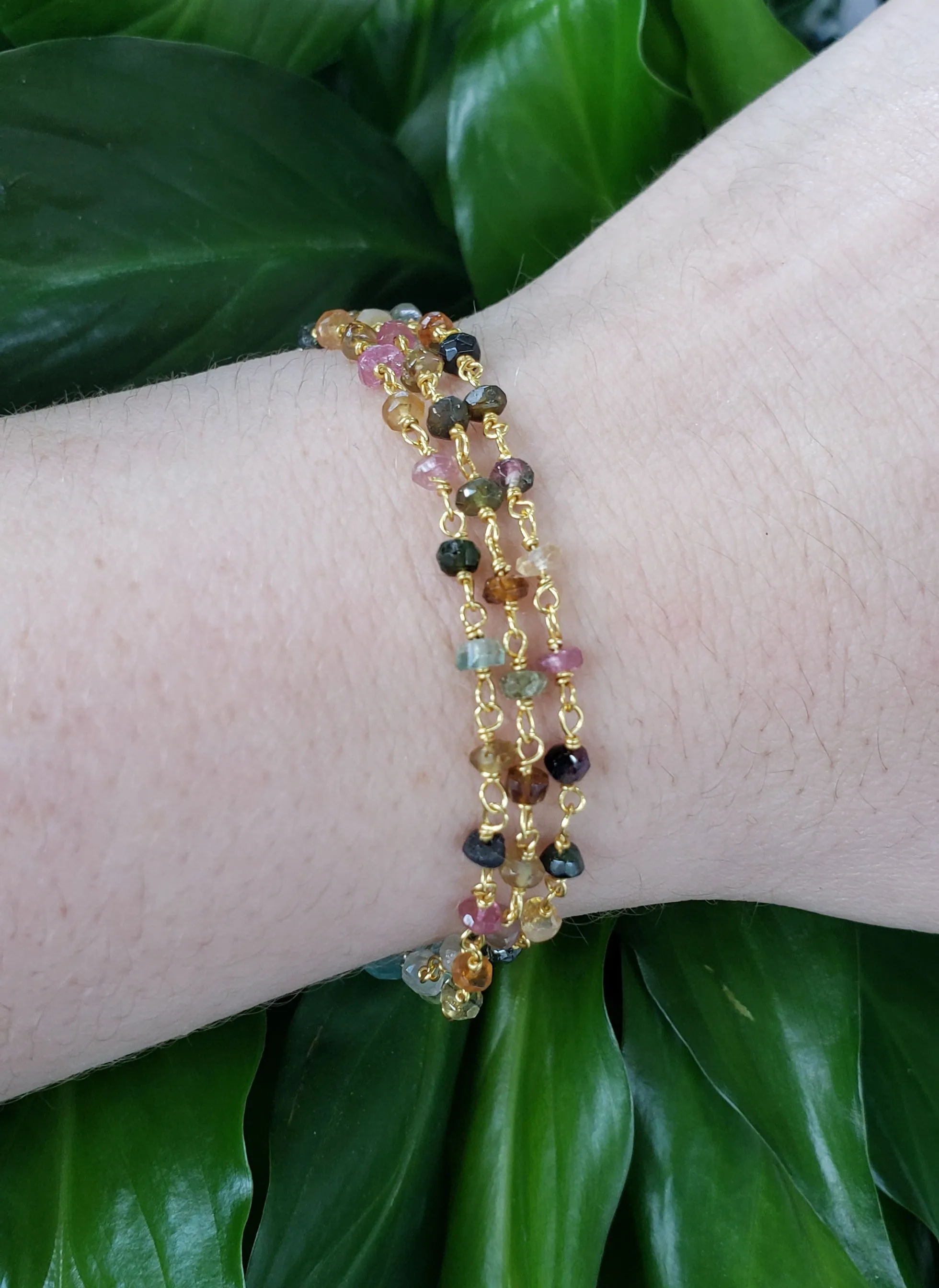 AVF Gold Filled Grandidierite, Pink Sapphire, Green Quartz, Tourmaline & Pearl Triple Strand Bracelet (SI3660 & SI3650)