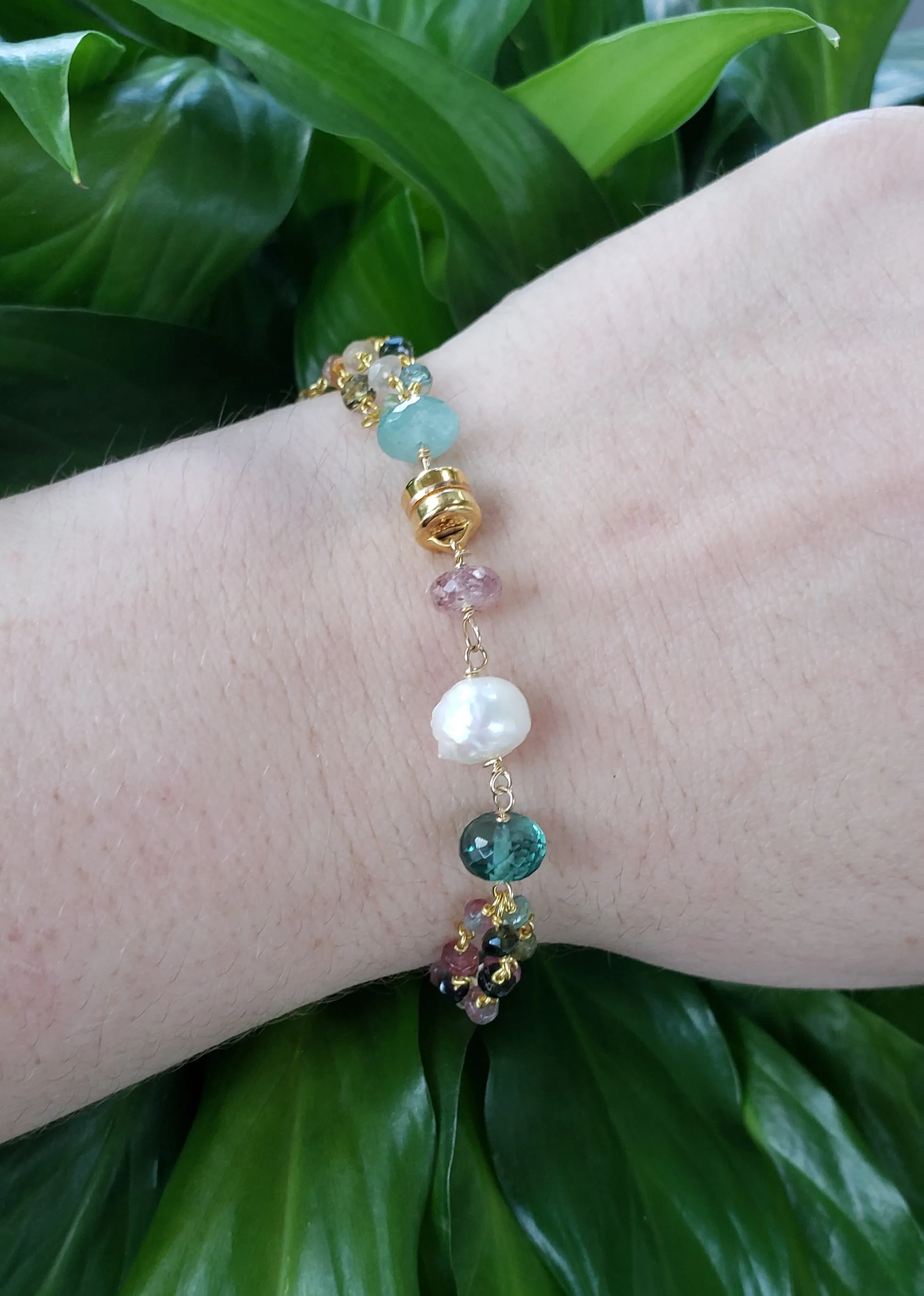 AVF Gold Filled Grandidierite, Pink Sapphire, Green Quartz, Tourmaline & Pearl Triple Strand Bracelet (SI3660 & SI3650)