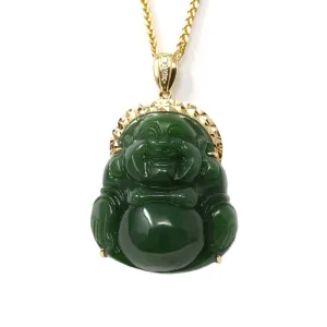 Baikalla™ "Laughing Buddha" 18k Yellow Gold Genuine Nephrite Green Jade with Diamonds Buddha Pendant Necklace High-end Collectable