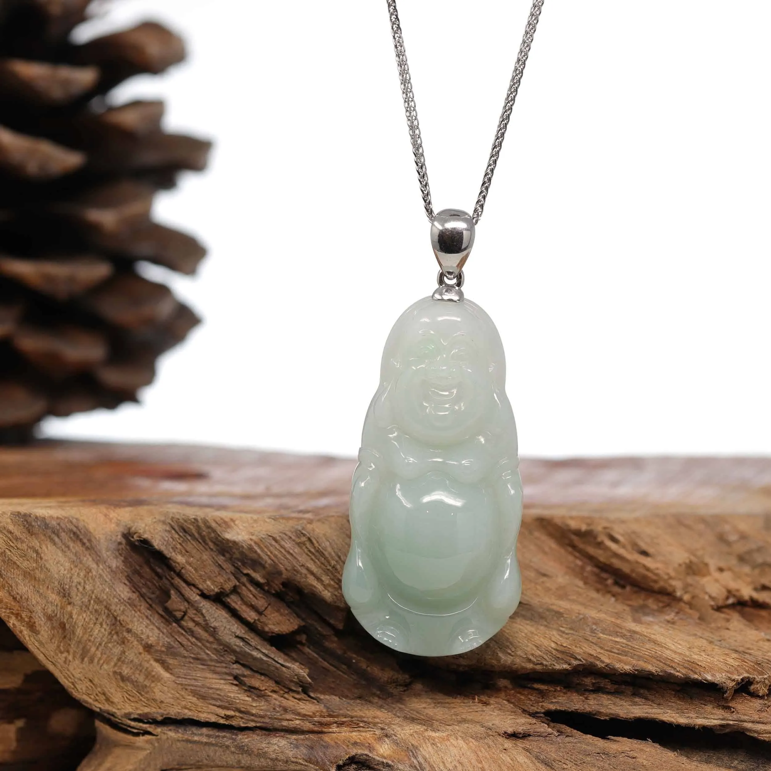 Baikalla™ "Laughing Buddha" Genuine Green Jadeite Buddha Pendant Necklace With Silver  Bail