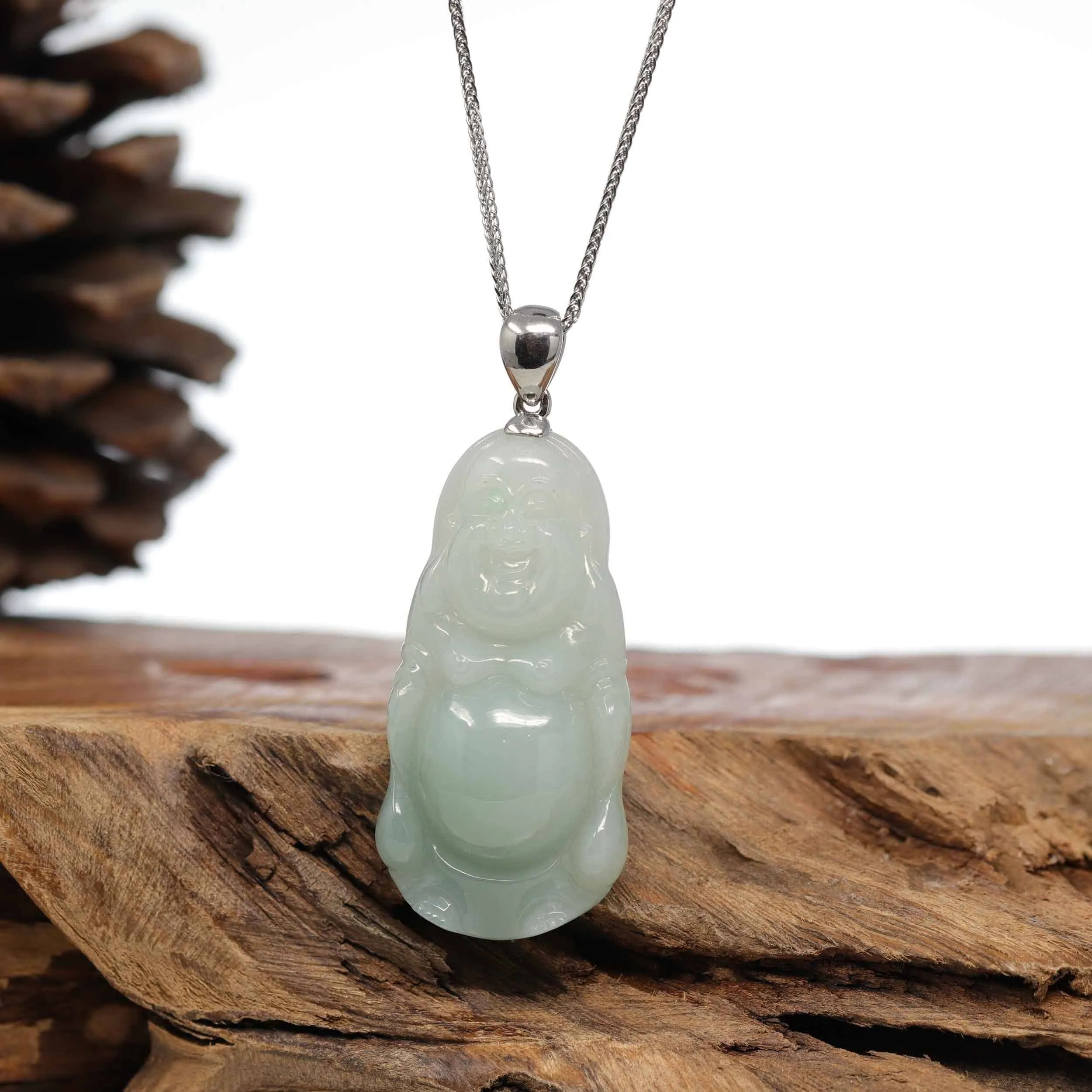 Baikalla™ "Laughing Buddha" Genuine Green Jadeite Buddha Pendant Necklace With Silver  Bail