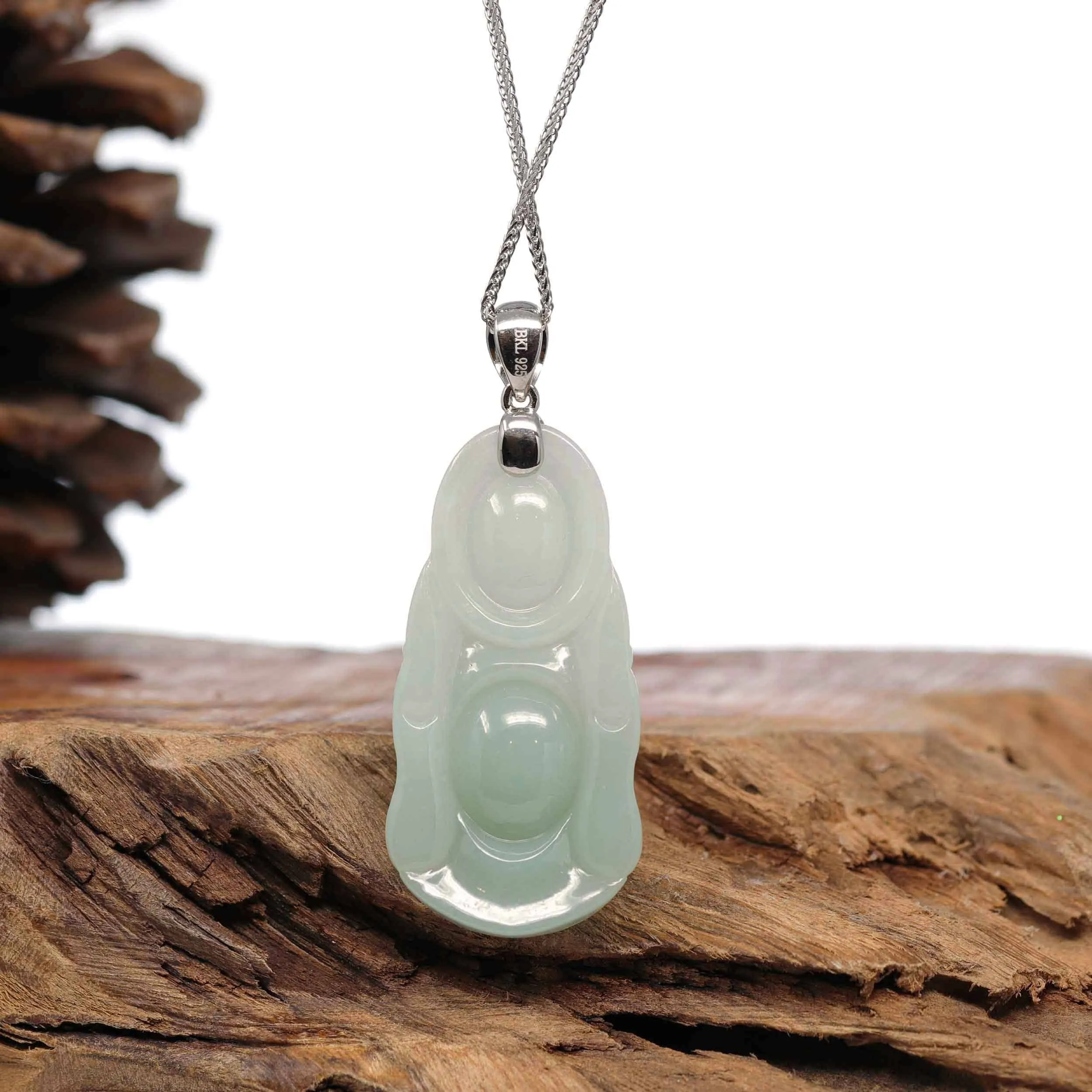 Baikalla™ "Laughing Buddha" Genuine Green Jadeite Buddha Pendant Necklace With Silver  Bail