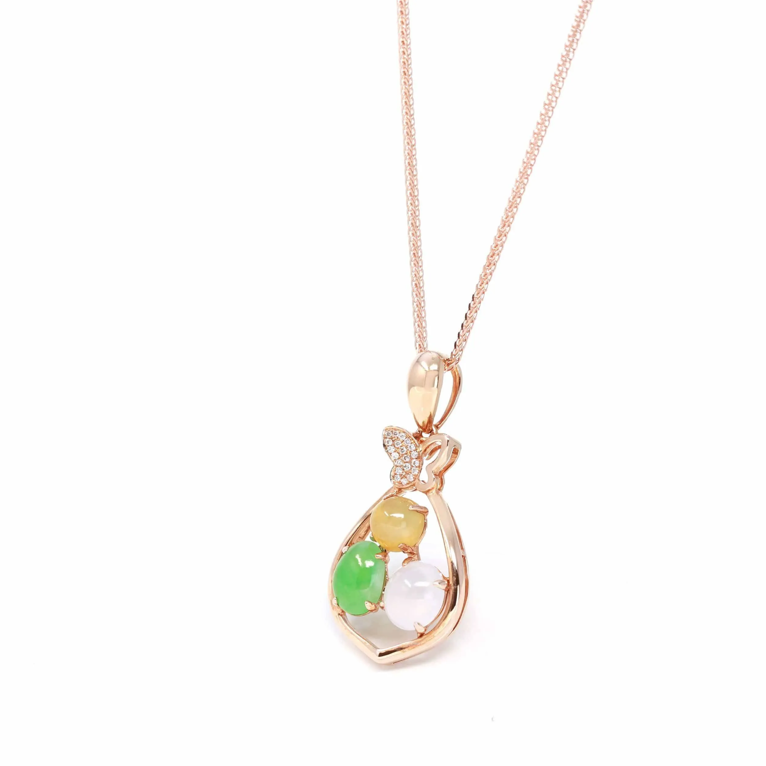 Baikalla™ "Money Sack" 18k Rose Gold Multi-Colored Jadeite Jade Diamond Pendant Necklace